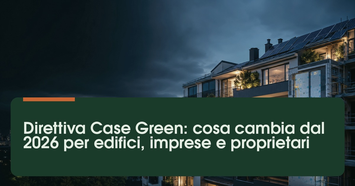 Edificio moderno con facciata verde e pannelli fotovoltaici, simbolo della Direttiva europea Case Green